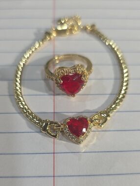 14k Gold Plated Heart Bracelet and Ring Set with Red Crystal Accent